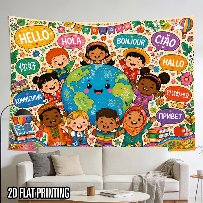 Kids Education Nursery - International Language Greetings World Map Tapestry