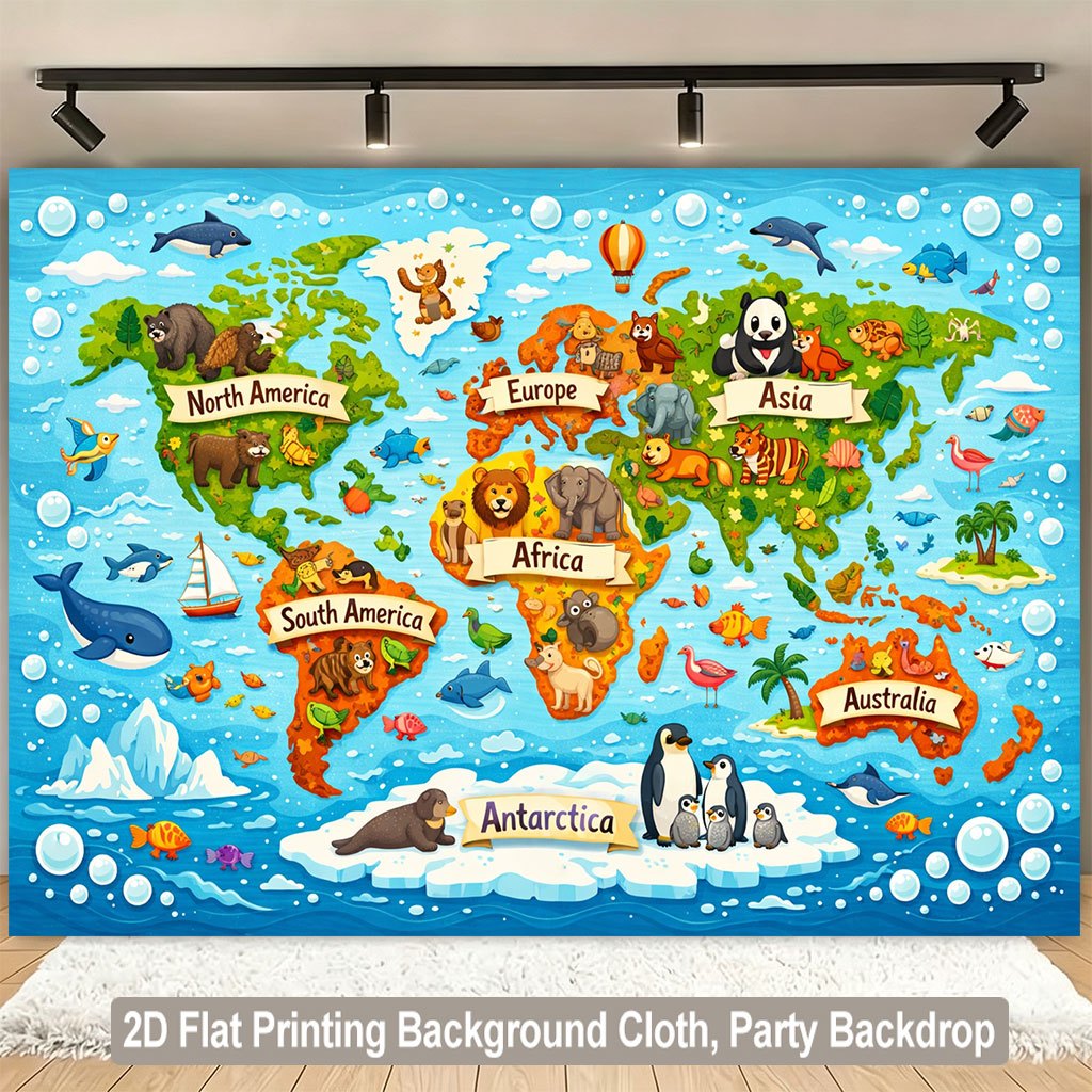 Kids Education Nursery - Cute Animal World Map Tapestry, Kids